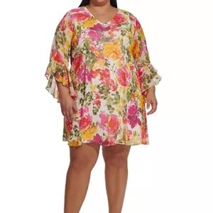 Calvin Klein Plus Size Printed V-Neck Bell-Sleeve Shift‎ Dress Size 18W